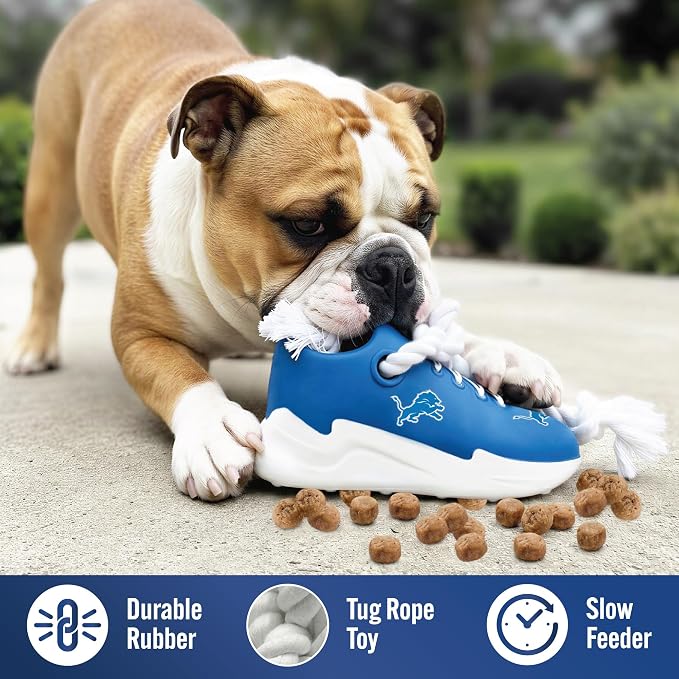 Pets First NFL Detroit Lions Cleat Sneaker Spike Dog Toy, Football Treat Dispenser Chew Toy for Dogs, Interactive Rope Tug Toy, Slow Feeder Natural Rubber Dog Toy with Official Team Logo