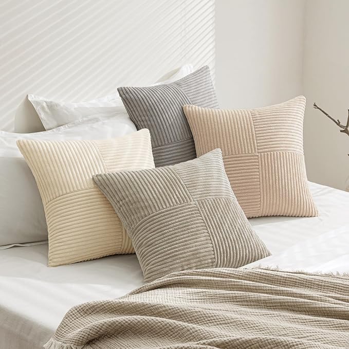 MIULEE Neutral Decorative Throw Pillow Covers 16x16 Inch Set of 4 for Livingroom Couch Sofa Modern Farmhouse Soft Corduroy Cushion Cases Striped Patchwork Home Decor (Cream,Grey)