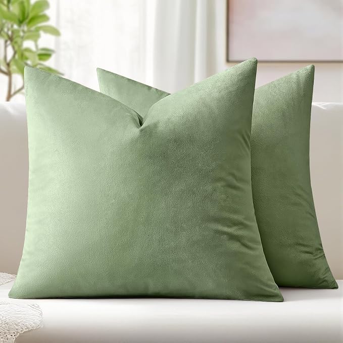 MIULEE Velvet Throw Pillow Covers 20x20 Inch Pack of 2 Sage Green | Soft Solid Decorative Pillow Covers, Modern Luxury Home Decor, for Couch Chair Sofa Bedroom Livingroom