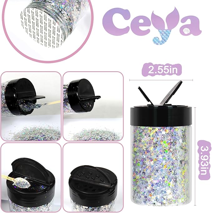 Ceya Holographic Chunky Glitter, 4.9oz/ 140g Diamond Silver Craft Glitter Powder Mixed Fine Flakes Iridescent Nail Sequins for Nail Art, Hair, Epoxy Resin, Tumblers, Slime, Painting, Festival Decor