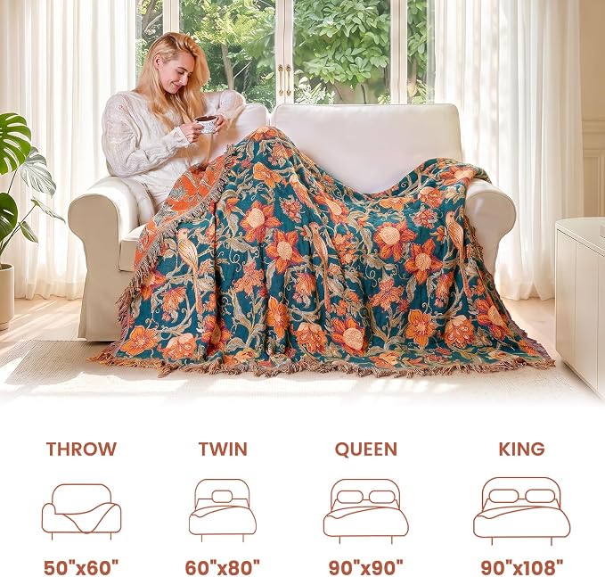 MSGKV Boho Throw Blanket 60"x80" 100% Cotton Floral Bird Blanket Couch Bed | 100% Cotton Throw, Floral Bird Design, Muslin Blanket, Summer Breathable, Farmhouse Home Decor, All Seasons, Machine Washable