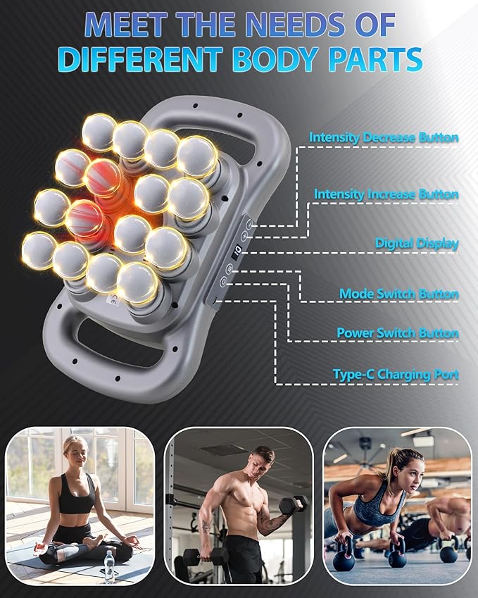 16-Head Massage Gun, Deep Tissue Percussion Massager with 9 Modes & 9 Intensities, 2600mAh Battery 4H Runtime, Ultra-Quiet 30-40dB, for Muscle Pain Relief in Back, Legs, Shoulders