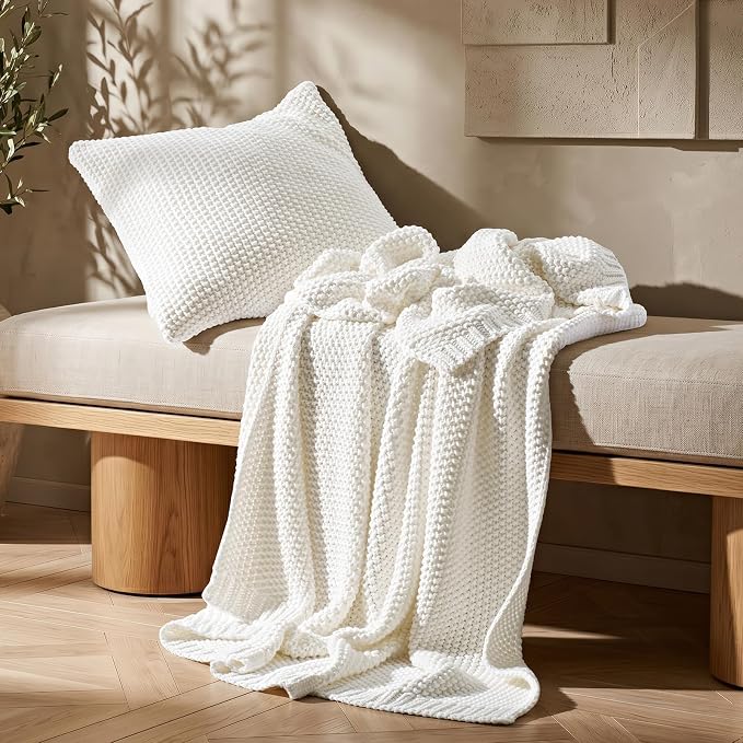 Organic Cotton Chunky Knit Throw Blanket, 50 x 60 Bright White | OCS Certified Organic Cotton, Seed Stitch Knit, Soft & Breathable, Cozy Midweight, Decorative Throw for Couch, Bed & Sofa