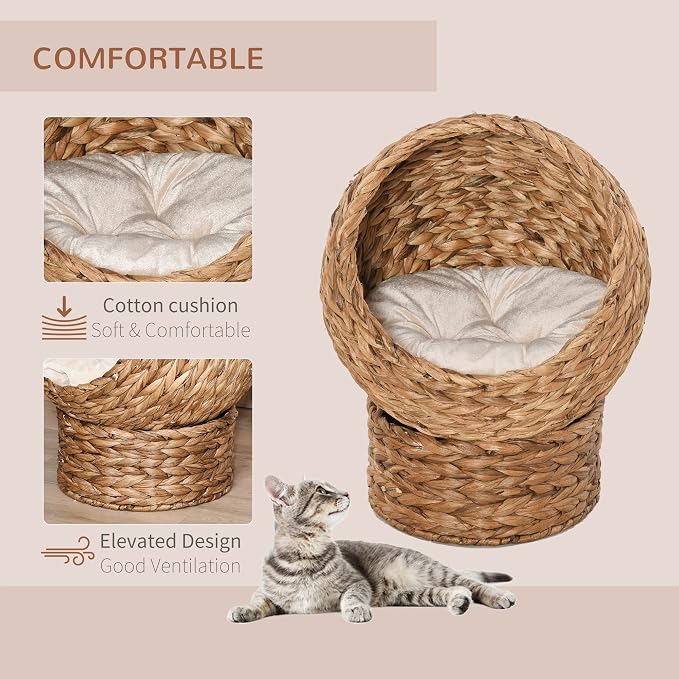 PawHut Handwoven Elevated Cat Bed for Indoor Cats 23.5" H Light Brown | Soft Cushion & Egg Chair Shape, Basket Bed Kitty House with Stand, Raised Wicker House