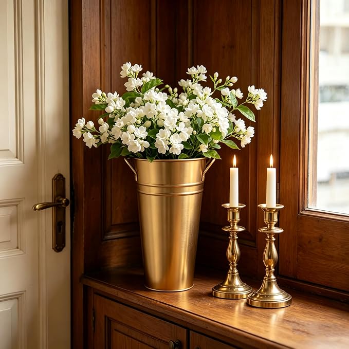 Hosley Set of 2 Gold Bucket/Pot Vase with PVC Liner, 6.25" L x 5" W x 9" H Ideal Gift for Floral Arrangements Wedding Home Office Party DIY Indoor Outdoor Garden Patio