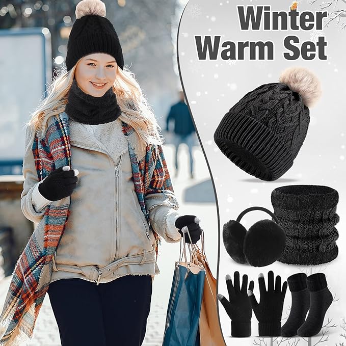 SATINIOR 5 Pcs Winter Hat Scarf Gloves Set Fleece Warm Lined Knit Beanie Hat Touch Screen Earmuff Gloves Warmer for Women(Black,Vivid Style)