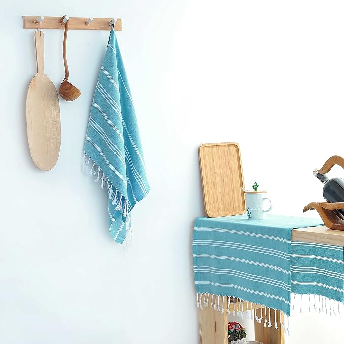 Cacala 100% Turkish Cotton Kitchen Tea Towels, Highly Absorbent Luxury Soft Quick Drying Dish Towel with Hanging Loop for Gym, Yoga, Bath, Sports, Cleaning and Kitchen (23 x 36), Turquoise Blue