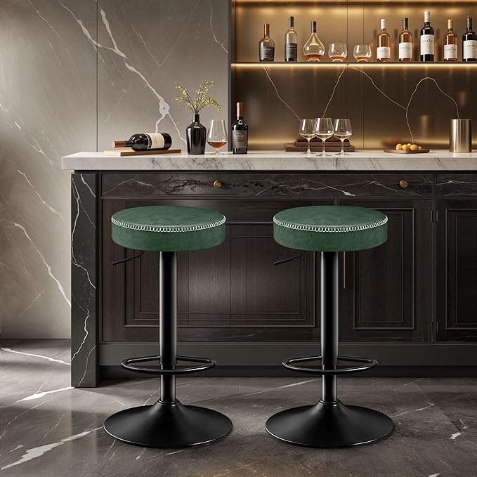 Bar Stools Set of 2 Microfiber Leather Counter Height Bar Stools with Round Seat Adjustable Swivel Backless Barstools Modern Tall Bar Chairs for Kitchen Island Green(24-33 Inch,330lbs)