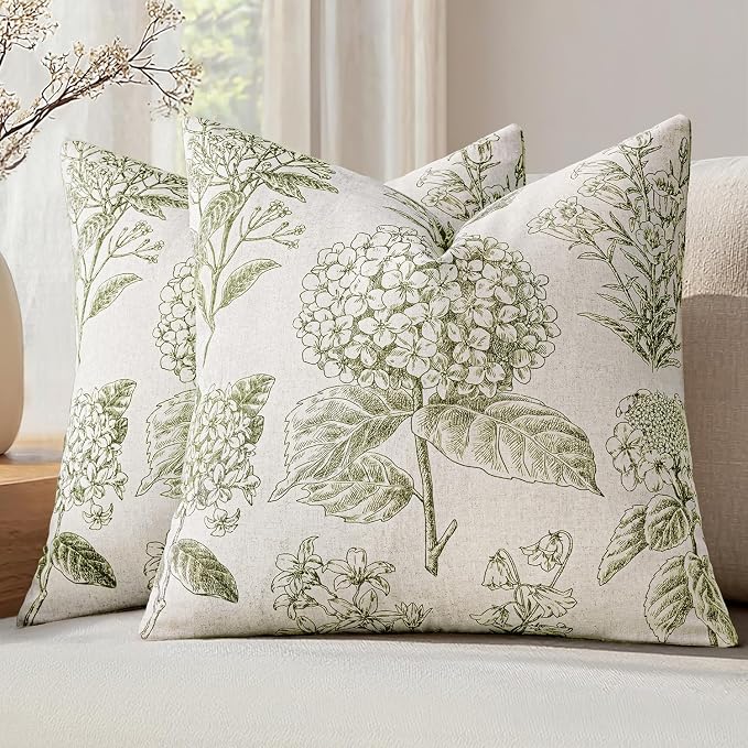 Set of 2 Decorative Floral Pillow Covers 16x16 Inch Light Green | Neutral Hydrangea Print, Boho Vintage Throw Cushion Covers, Cottagecore Home Decor, for Sofa Couch Porch Bedroom Living Room