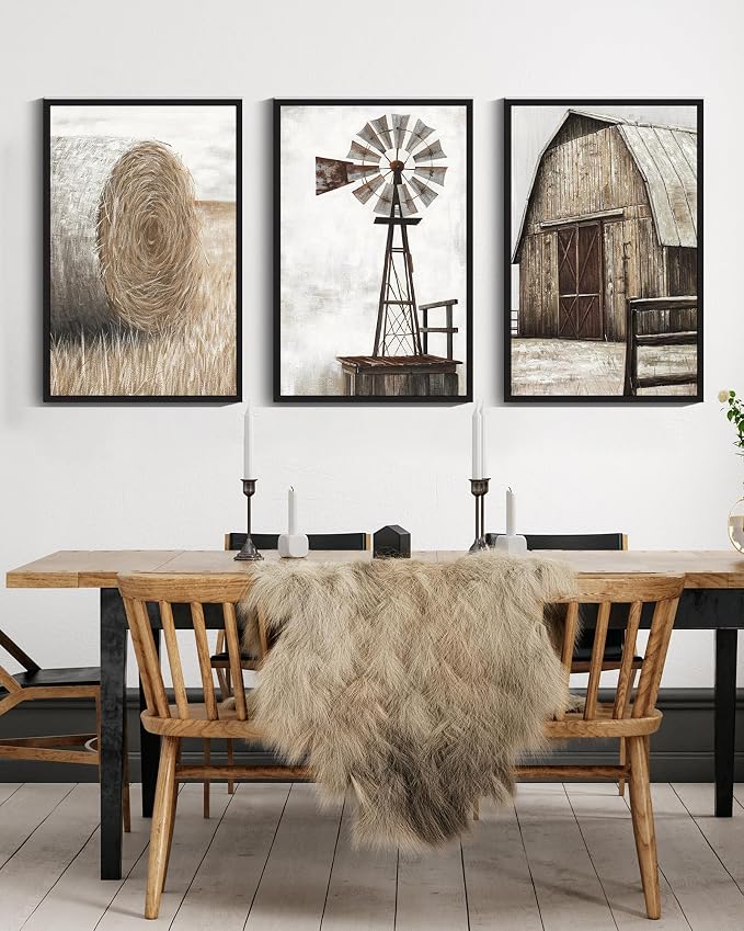 Drsoum Farmhouse Wall Art Vintage Rustic Windmill Barn Cornfield Pictures Framed Painting Landscape Countryside Rural Canvas Artwork Home Decor Ready to Hang 24x36in - Black Framed