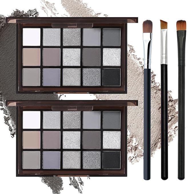 Black Grey Smoky Eyeshadow Palette,15 Colors Matte Shimmer Pigmented Eye Shadow Makeup Palette Set with 3 Eyeshadow Brushes,Glitter Eye Shadow Palette for Daily Halloween Goth Makeup(H)