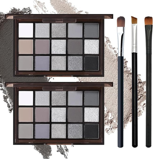 Black Grey Smoky Eyeshadow Palette,15 Colors Matte Shimmer Pigmented Eye Shadow Makeup Palette Set with 3 Eyeshadow Brushes,Glitter Eye Shadow Palette for Daily Halloween Goth Makeup(H)