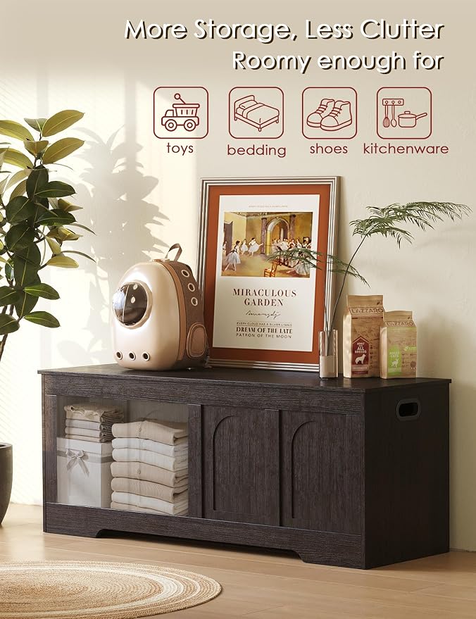 Storage Chest, Wooden Toy Box, Espresso 47.2" L | Entryway Shoe Bench, 2 Soft-close Hinges, Finger-safe Flip-Top Lid, Easy Assembly, Farmhouse Large Trunk, Living Room/Bedroom