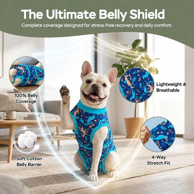 PetWarm After Surgery Onesie for Dogs, Pet Coat's Inner Clothes, Dog Cone Alternative After Surgery Suit for Dogs Female Male Dog Onesie for Spay Neuter, Dinosaur Pattern, Green, XS