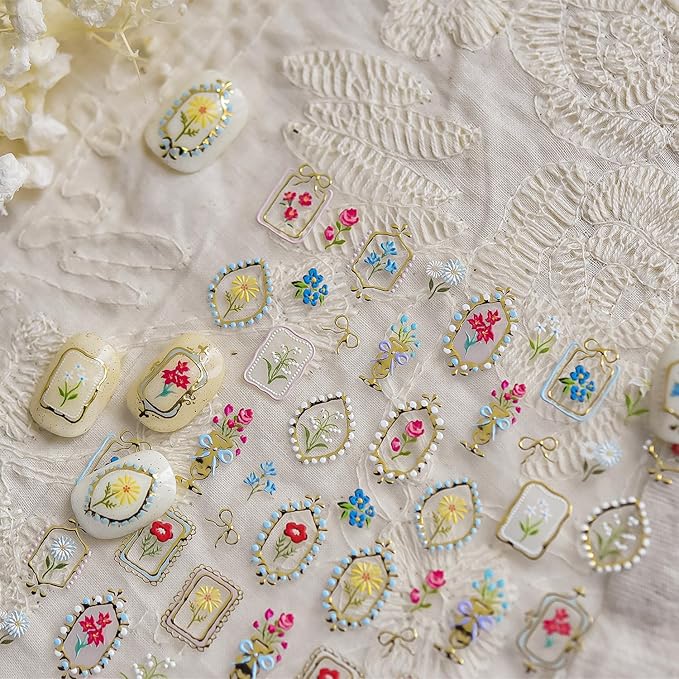 Gold Flower Nail Stickers for Nail Art, 3D Embossed Self-Adhesive Wild Flower Daisy Mentallic Nail Decals, Nail Supplies Designs Accessories for Women and Girls Manicure DIY Decoration