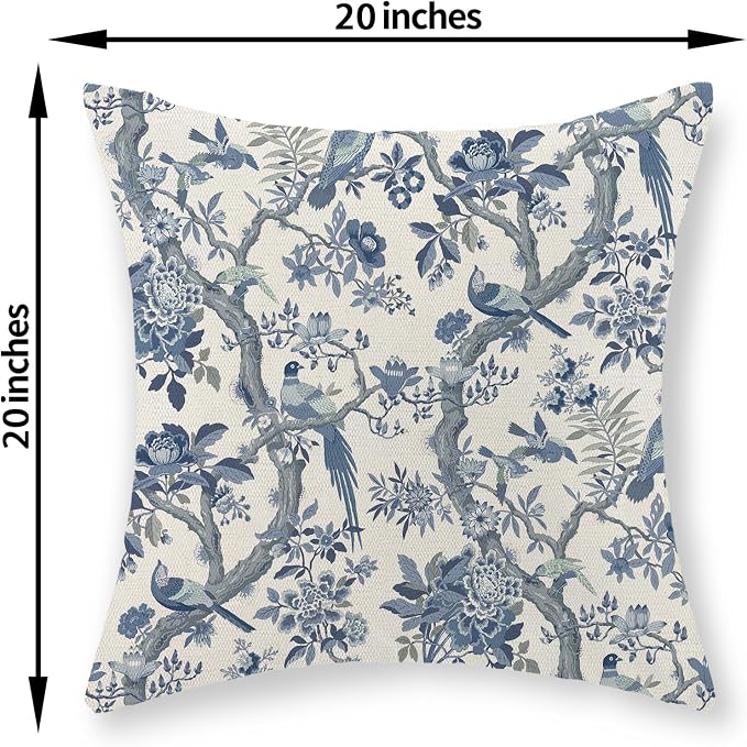 Chinoiserie Pillow Covers 20x20 Set of 2 Blue and White Bird Floral Throw Pillows Vintage Blue Flowers Decorations Outdoor Pillowcase Chinoiserie Decor Farmhouse Cushion Case for Couch Home