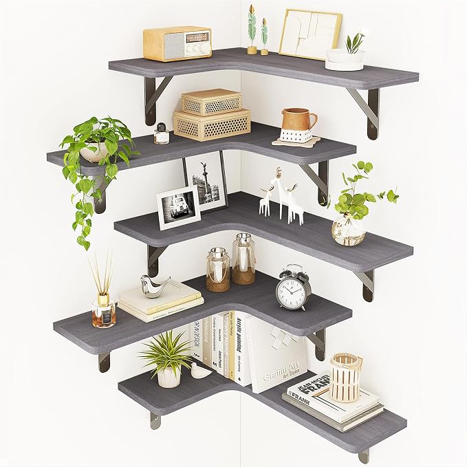 Fixwal Corner Floating Shelves Set of 5, Rustic Wood Wall Mounted Corner Shelf for Bathroom, Kitchen, Bedroom, Home Decor, Laundry Room, Living Room(Gray) | Solid wood shelf with metal brackets, holds 40 lbs. Optimizes corner storage. Fits bathroom, ki...