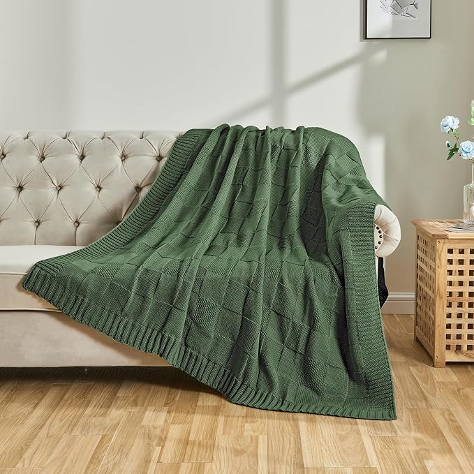 CozeCube Christmas Green Knitted Checkered Throw Blanket 60"X80" | Check Knit Throw for Couch, Decorative Christmas Soft Cozy Warm Blanket for Bed Sofa Living Room