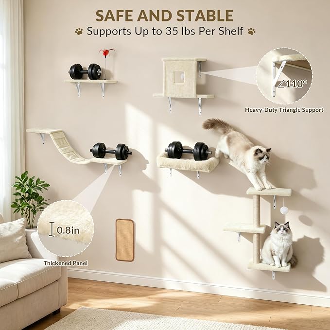 Cat Wall Shelves, 6 in 1 Cat Wall Furniture Set with Condos House, Bed, Bridge, Tree, Steps, Scratching Board, DIY Walls Playground for Indoor (Beige)