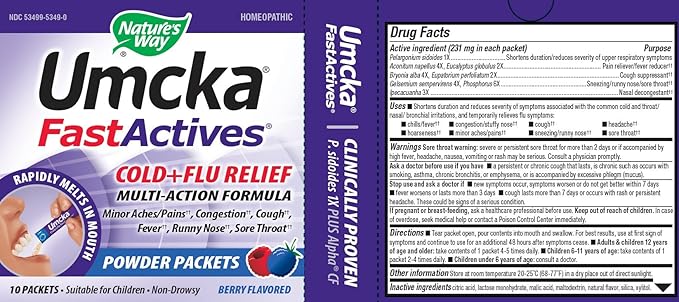 Nature's Way Cold + Flu Relief FastActives, Umcka, Homeopathic, Fever*, Sore Throat, Cough, Congestion, Body Aches*, Phenylephrine Free, Non-Drowsy, Berry Flavored, 60 Packets (Packaging May Vary)