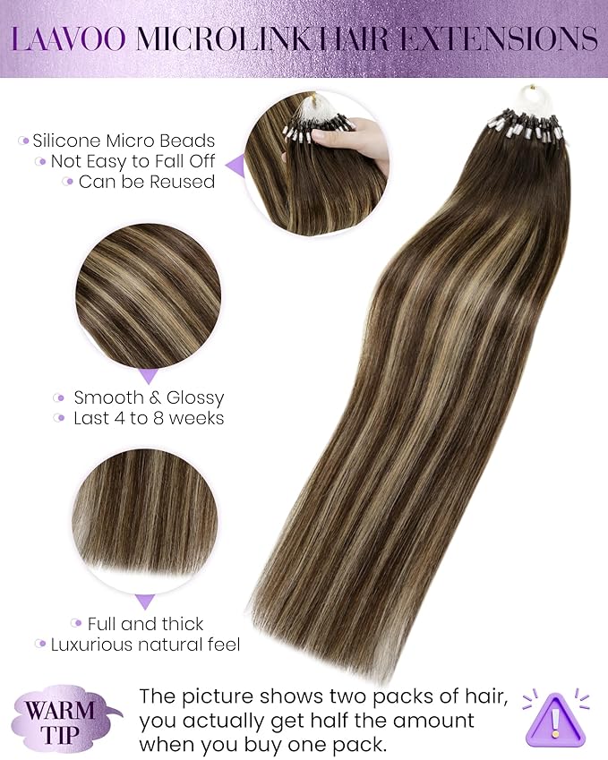 LaaVoo Micro Beads Hair Extensions Balayage Microlink Hair extensions Human Hair Medium Brown to Caramel Brown Micro Ring Human Hair Extensions 50g 50s 14 Inch