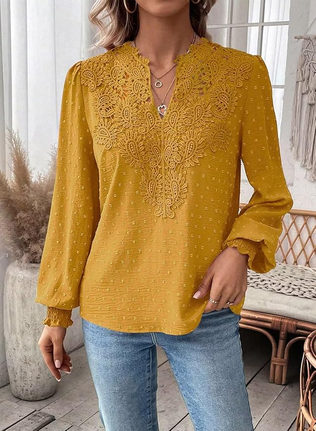 Womens Tops Swiss Dot Boho Long Sleeve Shirts V Neck Casual Chiffon Blouses Flowy Lace Hem Cute Clothing Trendy 2026