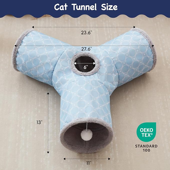 Tempcore Cat Tunnel, 3-Way Collapsible Toy for Indoor Cats, Geometry Blue