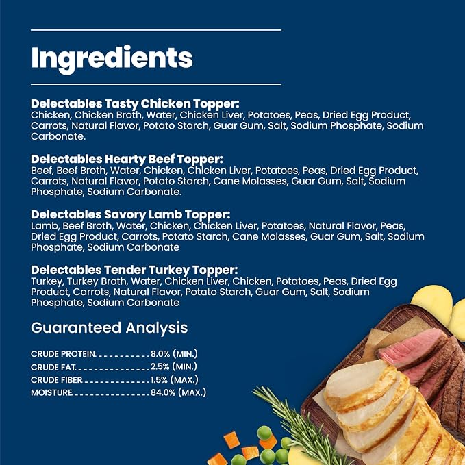 Blue Buffalo Delectables Variety Pack Dog Food Topper, 3 oz, 24 ct | Chicken, Beef, Turkey & Lamb Recipes, Real Meat with Garden Veggies in Gravy, Single-Serve Pouches