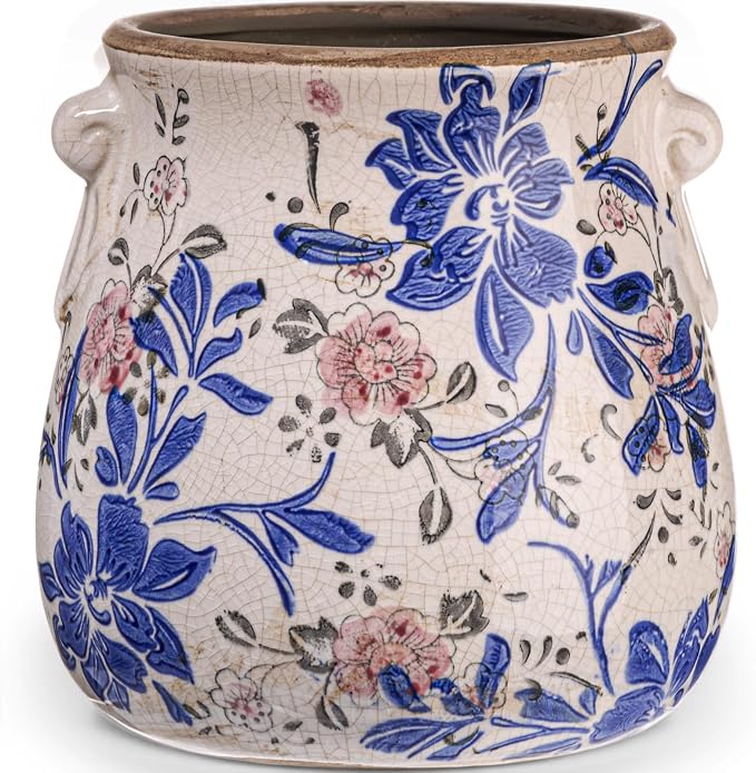 Ceramic Scroll Planter 6.5 Inch Chinoiserie Floral Vase with Drainage Holes Vintage Flower Vase Flower Pot Rustic Ceramic Pots for Indoor Plants Garden Home Bookshelf Decor(Blue, Red)
