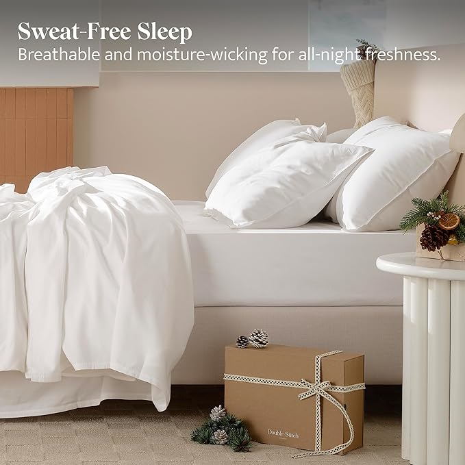 Double Stitch Cotton Tencel Sheet - Bed Sheets Set Queen Size, 4Pc Luxury Hotel Bedding Set, Soft, Cooling & Breathable for Hot Sleepers, Deep Pocket Up to 16 Inches, Bright White