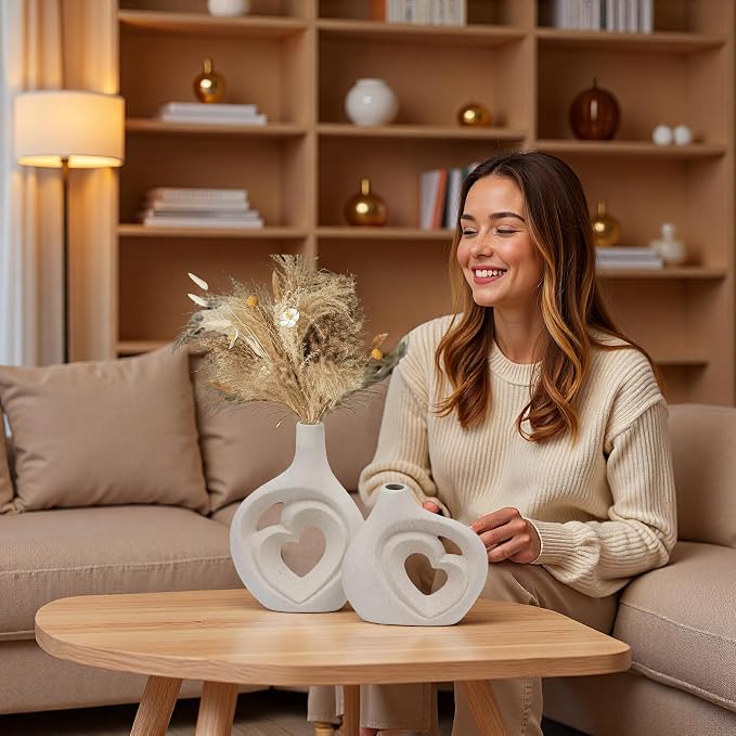 Cream White Ceramic Heart Shaped Vases Set of 2 | 8.5in Nordic Design, For Home Decor, Table Centerpiece, Wedding & Living Room, Bookshelf & Office & Entryway