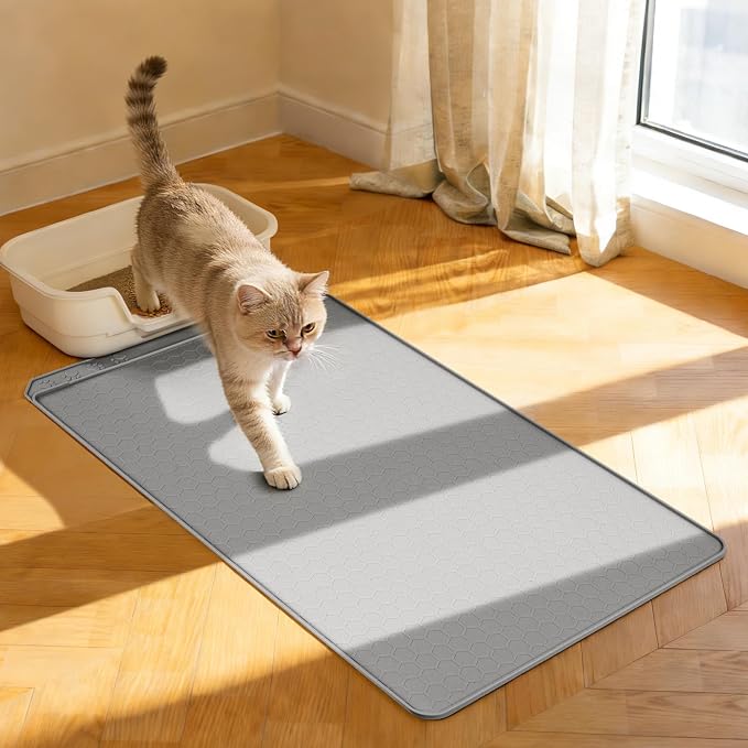 Extra Large Cat Litter Box Mat 34" x 22" – Waterproof Silicone Litter Trapper, Non-Slip, Easy to Clean Floor Protector, Soft on Kitty Paws(Light Grey)