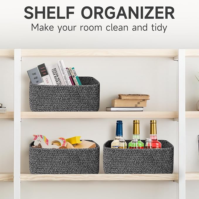 3 Pack Small Storage Baskets for Organizing, 11.8×7.8×5.1", Mixed Black | Woven Baskets for shelves, Cotton Rope Basket for Gifts Empty, Closet Organizer Bins with Handles, Cube Decorative Box