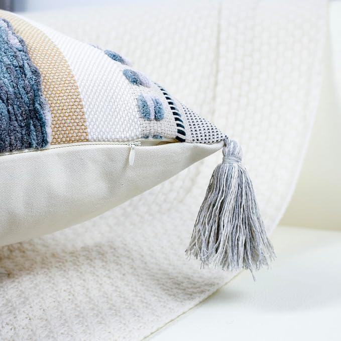 PANOD Chenille Farmhouse Throw Pillow Covers 16 x 16 Grey, Neutral Boucle Couch Pillow Cover, Striped Decorative Boho Coushion Cover Pillow Case for Couch Bed Sofa Bedroom,Modern Accent,Set of 2