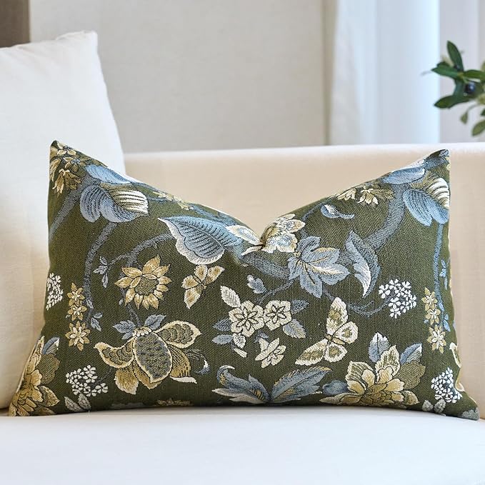 Neutral Floral Pillow Cover 12x20, Vintage Linen Lumbar Pillow Cover Soft Decorative Farmhouse Accent Pillow Case for Couch Bedroom Living Room Home Decor, Green
