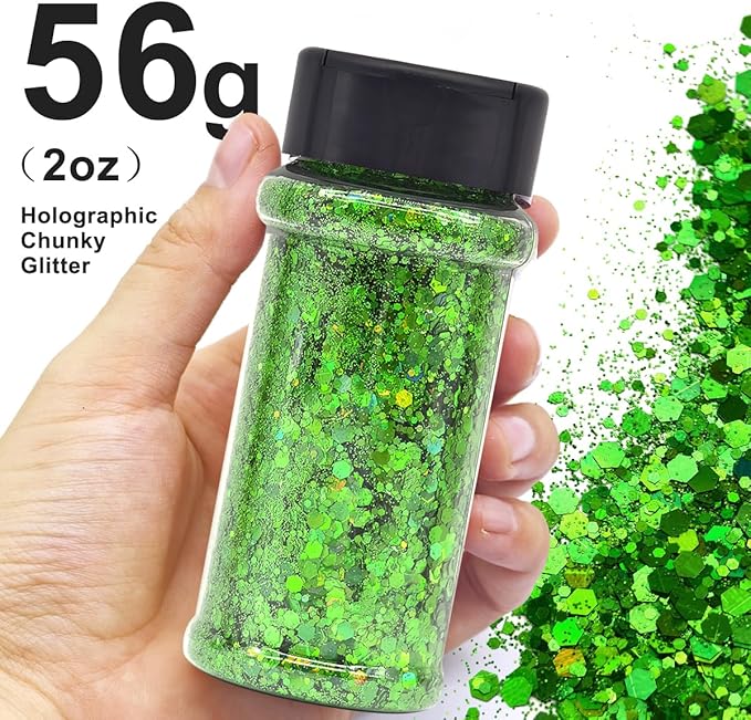 Green - Craft Glitter - 2oz Glitter Shaker Bright Colorful Holographic Mix Chunky Body Glitter Bulk Wholesale 24 Colors in Shaker Cosmetic Glitter - EBLB600