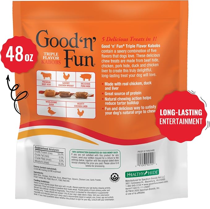 Good N Fun Kabobs Long-Lasting Dog Treat with Protein, 48 oz (2 Pack) | Premium Chicken, Pork and Beef Hide Chew, Supports Dental Health and Mental Stimulation, For Adult Dogs