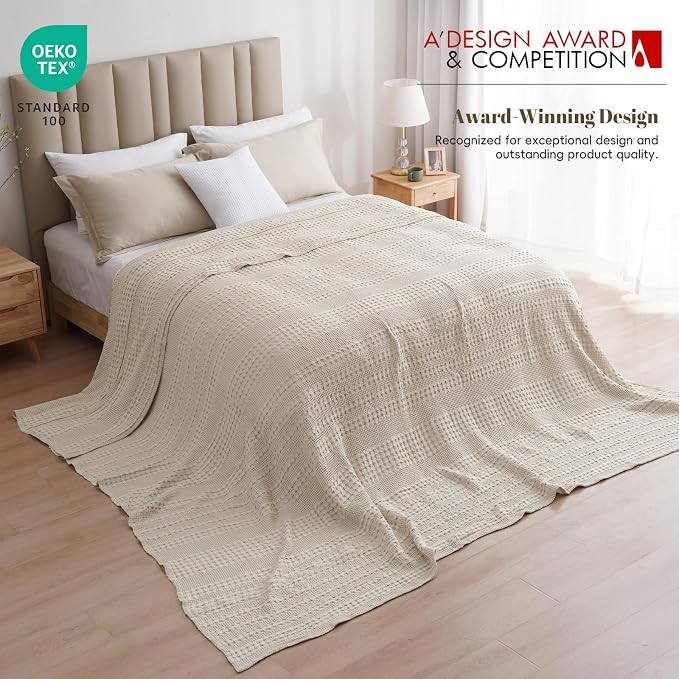 PHF 100% Cotton Waffle Blanket Oversized King 120"x120", Lightweight Breathable Extra Large 10'x10' Blankets for Bed, Giant Big Luxury Aesthetic Woven Bedding for Home Decor, Light Taupe/Oatmeal