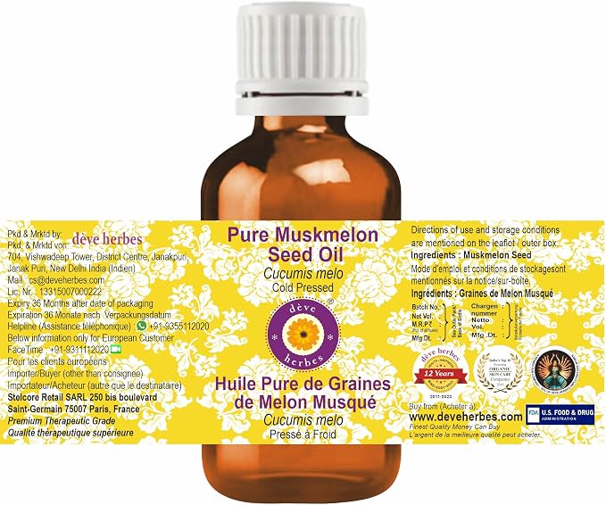 Deve Herbes Muskmelon Seed Oil (Cucumis melo) | Cold Pressed | Pure | Natural | Undiluted | For Diluting Essential oils | For Skin & Massage | Non-Sticky| Lightweight| Men & Women | 100ml (3.38 oz)