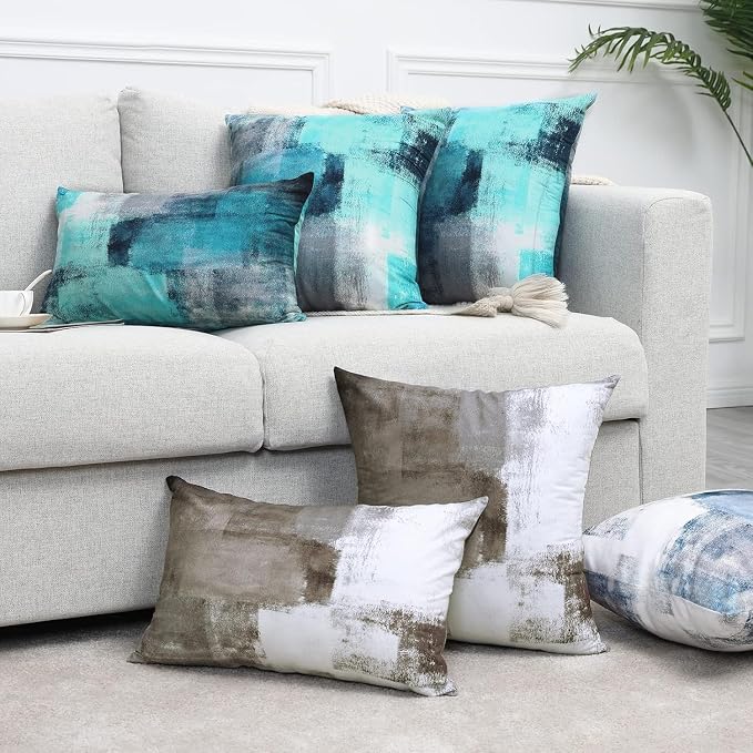 Throw Pillow Covers 18x18 Set of 2 Turquoise and Grey Art Throw Pillow Covers Soft Decorative Couch Pillow Covers for Home Living Room Bedroom