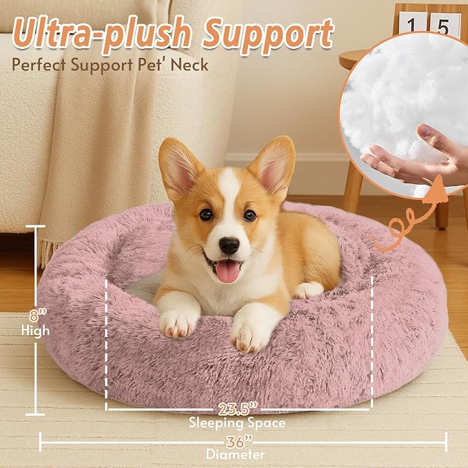 JOLLYVOGUE Calming Dog Beds Large Sized Dog, 36in Donut Washable Large Pet Bed, Anti-Slip & Anti-Anxiety Fluffy Faux Fur Round Dogs Bed, Fits up to 80 lbs Pets (Dark Pink)