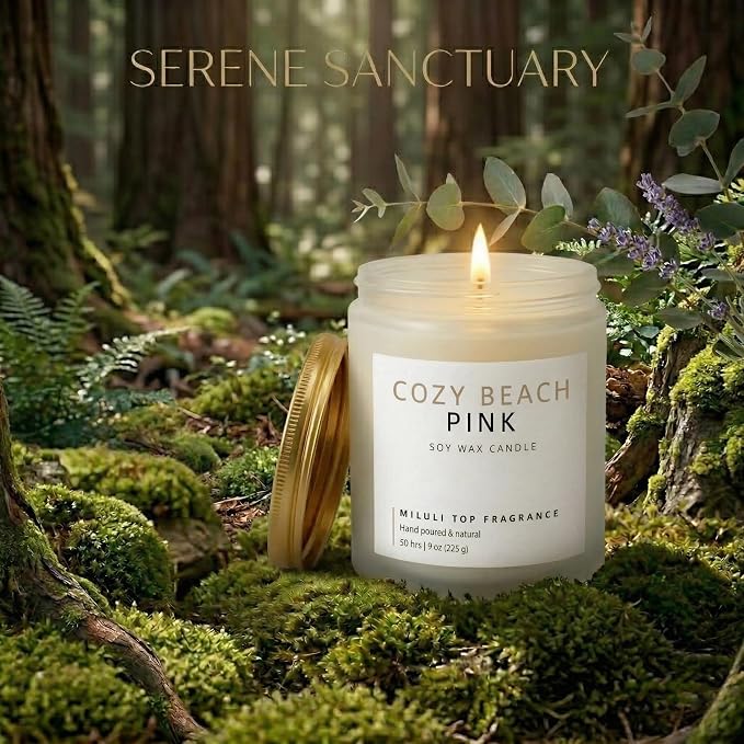 Cozy Beach Pink Scented Candles for Home - 15% Essential Oil Luxury Aromatherapy - Handmade Natural Soy Wax Candle for Women Men Relaxation - 9oz Frosted White Jar, 50H Clean & Non-Toxic Burn