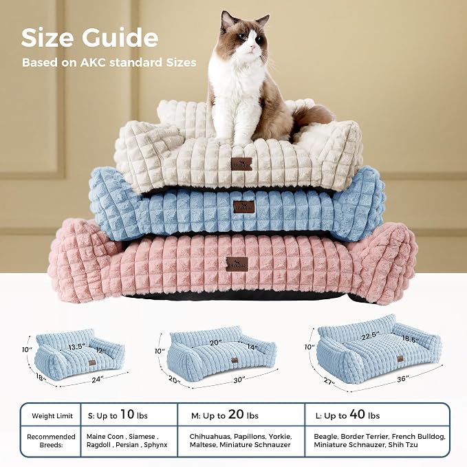 Cat Couch Bed with Fluffy Faux Rabbit Fur for Indoor Cats, 30 Inch | Cute Fuzzy Cat Sofa Recliner With Washable Cover, Suppportive Cozy Pets Couch in 3D Diamond Pattern, Light Blue