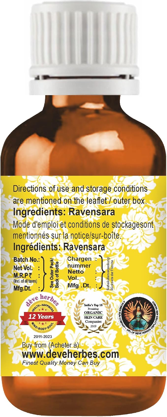 dève herbes Ravensara Essential Oil (Ravensara aromatica) Pure | Non-Sticky | Non-Greasy | Lightweight | Men & Women | All Skin Types | Steam Distilled 10ml (0.33 oz)
