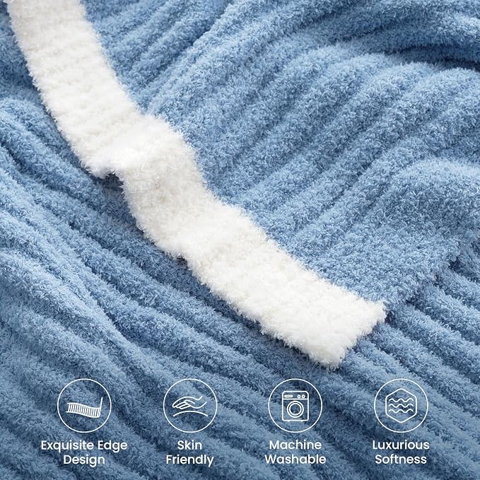 Snuggle Sac Ribbed Blue Throw Blanket for Couch, Microfiber Knit Stripe Throws, Soft Fuzzy Blankets for Couch, Sofa, Travel, Blue, 50x60 inches