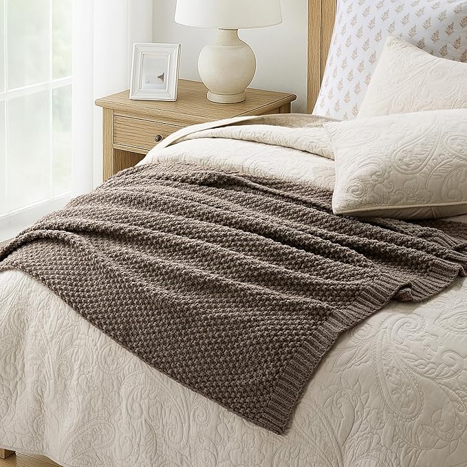 EVERGRACEHOME Chunky Chenille Knit Throw Blanket, 50 x 60, Mocha Brown | Sculpted Moss Stitch, Chic Modern Farmhouse, All-Season Warmth, OEKO-TEX® Certified, Elegant Blanket for Couch, Bed, Sofa