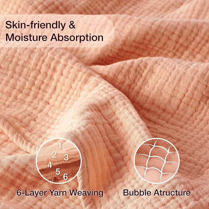 100% Cotton Muslin Blanket Queen 90" x 90", 6 Layers Breathable and Lightweight Cotton Throw Blankets for Bed, Soft Cooling Summer Gauze Blanket for Adults All Season, Dusty Rose‌