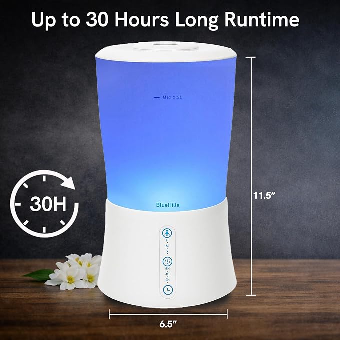 BlueHills Large 2000 ML XL Essential Oil Diffuser Premium Aromatherapy Humidifier for Big Room Home Long Run Extra Large Capacity for Huge Area 2 Liter 2L Color Changing Lights Cool High Mist White-S1