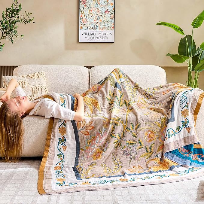 XIBLC Boho Blanket, 100% Cotton Farmhouse Decorative Throw Blanket, 60"x80" Reversible Bohemian Throw Blanket, Brown All Season Muslin Breathable Woven Blankets Quilt