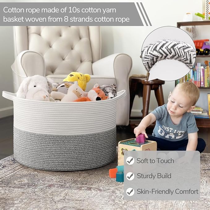 INDRESSME Large Woven Rope Blanket Basket Living Room Light Grey, 65L | 19.7" x 12.6" Storage baskets for laundry, toys & pillows. For living room, bedroom or nursery decor. soft-touch, gift basket